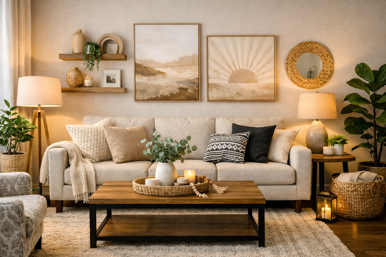 Modern Living Room Décor Set – Neutral Tones & Cozy Style