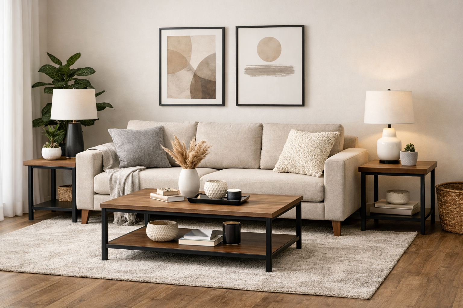 Modern Living Room Furniture Set – Sofa, Coffee Table & Décor
